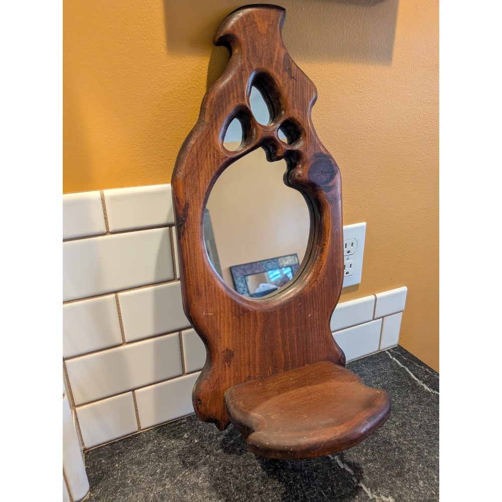 Vintage Hand Carved Live Edge Wood Wall Mirror with Integrated Display Shelf